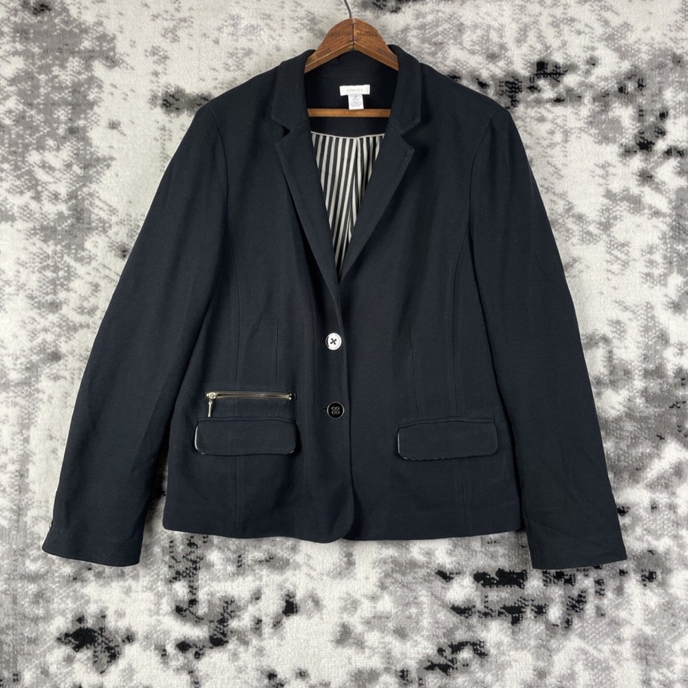 Chico’s knit pique black blazer enamel button gold tone hardware career workwear